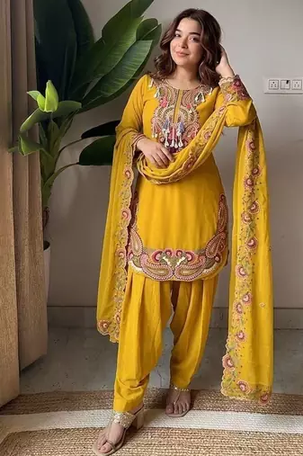  yellow straight cut suit with heavy neckline embroidery
