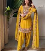 New women's elegant  yellow straight cut suit with heavy neckline embroidery