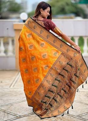 Festive mustard banarasi silk blend saree with colorful meenakari border 2