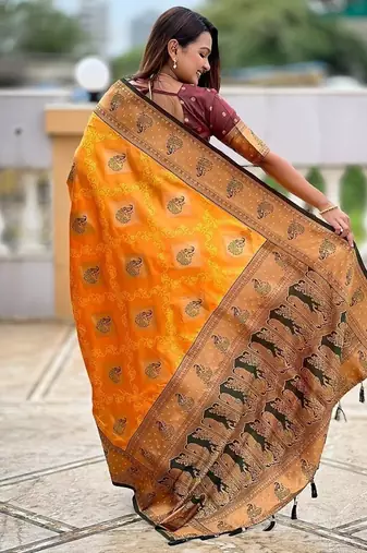 Festive mustard banarasi silk blend saree with colorful meenakari border