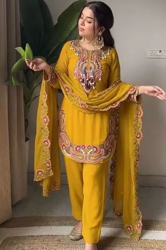  yellow straight cut suit with heavy neckline embroidery