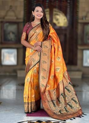 Festive mustard banarasi silk blend saree with colorful meenakari border 3