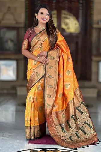 Festive mustard banarasi silk blend saree with colorful meenakari border