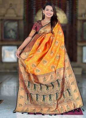 Festive mustard banarasi silk blend saree with colorful meenakari border 4