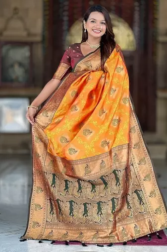 Festive mustard banarasi silk blend saree with colorful meenakari border