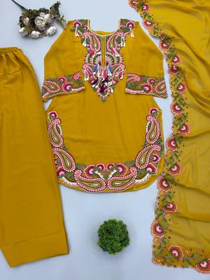  yellow straight cut suit with heavy neckline embroidery 3