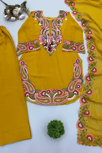  yellow straight cut suit with heavy neckline embroidery