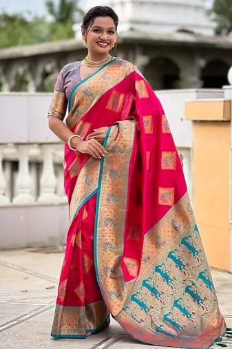 Festive ranipink banarasi silk blend saree with colorful meenakari border