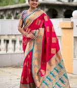 Festive ranipink banarasi silk blend saree with colorful meenakari border