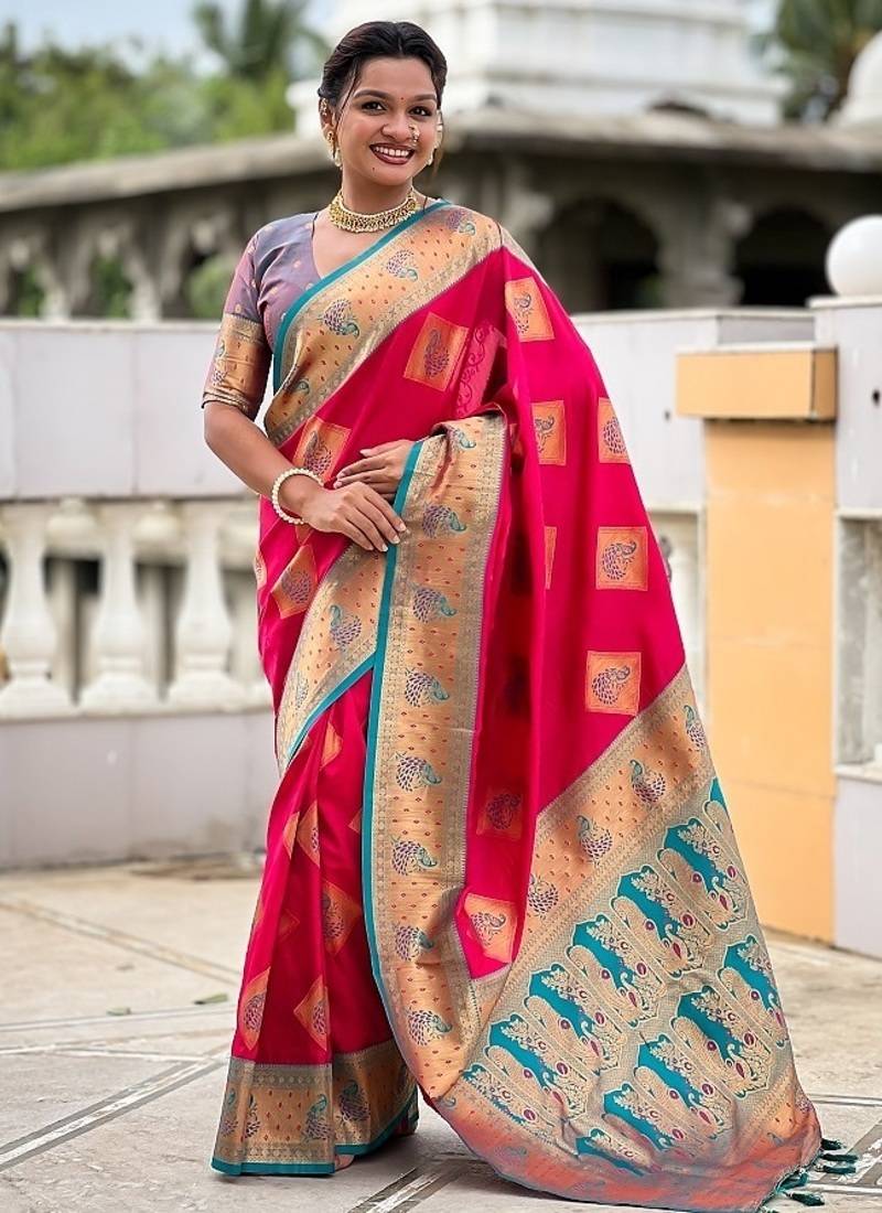 Festive ranipink banarasi silk blend saree with colorful meenakari border