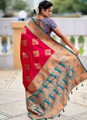 Festive ranipink banarasi silk blend saree with colorful meenakari border 2