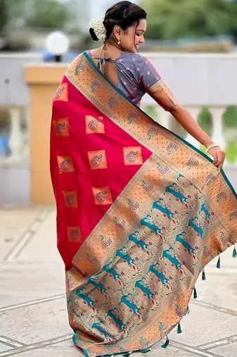 Festive ranipink banarasi silk blend saree with colorful meenakari border