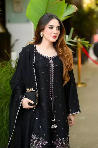  black embroidered straight kurti with matching pant and dupatta