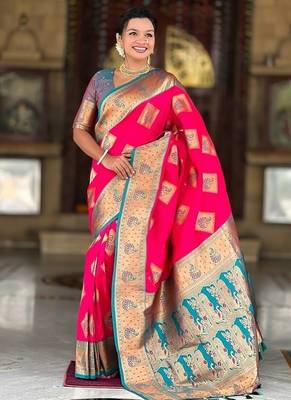 Festive ranipink banarasi silk blend saree with colorful meenakari border 3