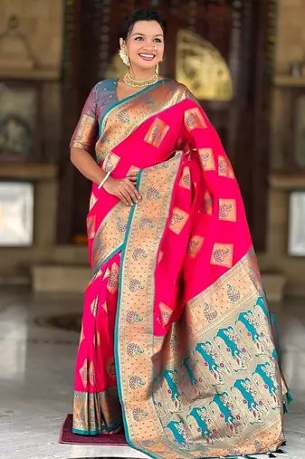 Festive ranipink banarasi silk blend saree with colorful meenakari border