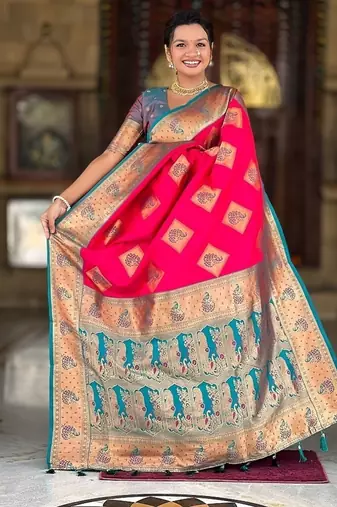Festive ranipink banarasi silk blend saree with colorful meenakari border