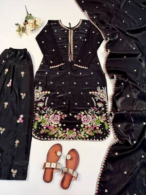 black embroidered straight kurti with matching pant and dupatta 4