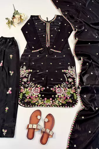  black embroidered straight kurti with matching pant and dupatta