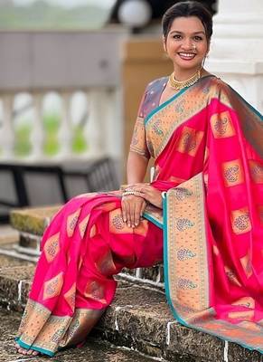 Festive ranipink banarasi silk blend saree with colorful meenakari border 5