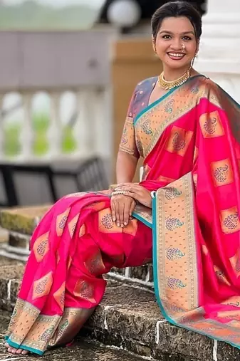 Festive ranipink banarasi silk blend saree with colorful meenakari border