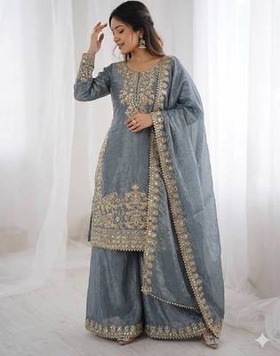  grey ethnic suit with sharara and heavy work dupatta 1