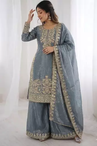  grey ethnic suit with sharara and heavy work dupatta