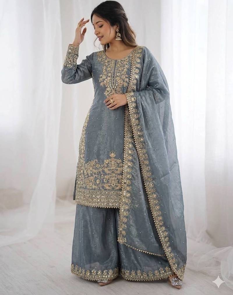 New stylish classic grey ethnic suit with sharara and heavy work dupatta