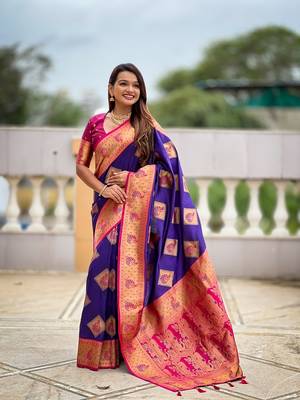 Festive violet banarasi silk blend saree with colorful meenakari border 1