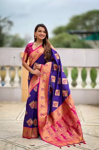 Festive violet banarasi silk blend saree with colorful meenakari border