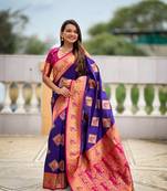 Festive violet banarasi silk blend saree with colorful meenakari border