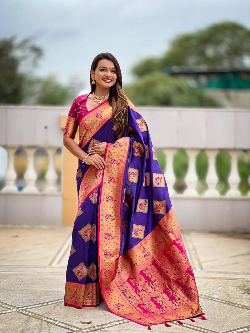 Festive violet banarasi silk blend saree with colorful meenakari border