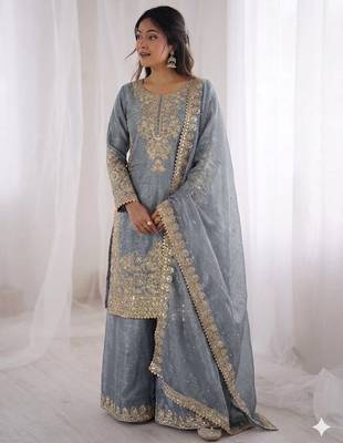  grey ethnic suit with sharara and heavy work dupatta 2