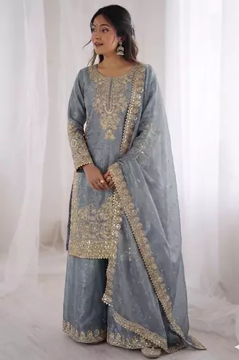  grey ethnic suit with sharara and heavy work dupatta