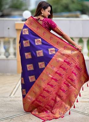 Festive violet banarasi silk blend saree with colorful meenakari border 2
