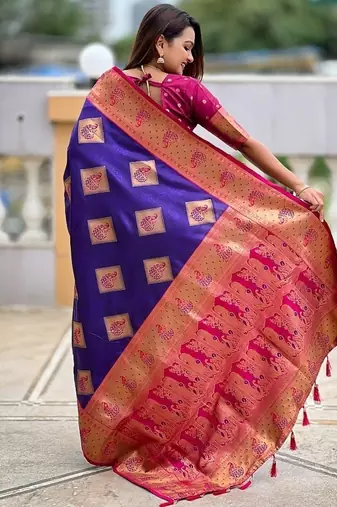 Festive violet banarasi silk blend saree with colorful meenakari border