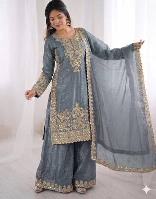  grey ethnic suit with sharara and heavy work dupatta 3