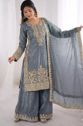  grey ethnic suit with sharara and heavy work dupatta
