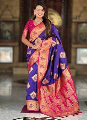 Festive violet banarasi silk blend saree with colorful meenakari border 3