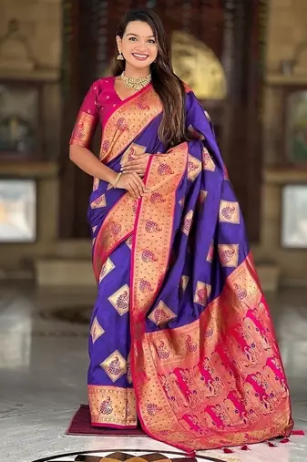 Festive violet banarasi silk blend saree with colorful meenakari border