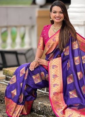 Festive violet banarasi silk blend saree with colorful meenakari border 4
