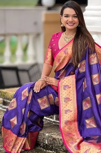 Festive violet banarasi silk blend saree with colorful meenakari border