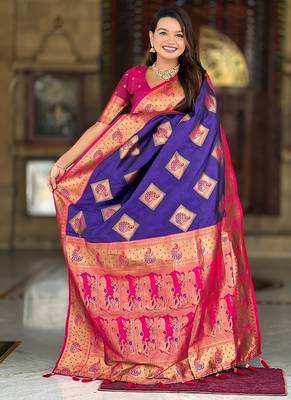 Festive violet banarasi silk blend saree with colorful meenakari border 5
