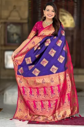 Festive violet banarasi silk blend saree with colorful meenakari border