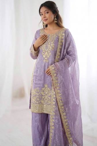 New stylish  lavender organza sharara set with heavy zari embroidery