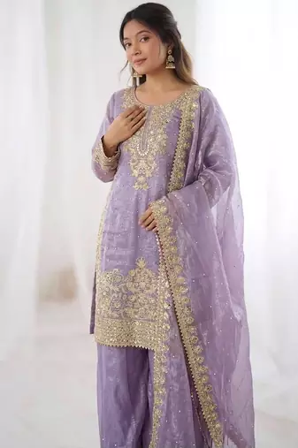 New stylish  lavender organza sharara set with heavy zari embroidery