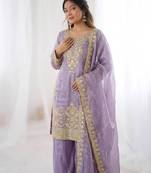 New stylish designer lavender organza sharara set with heavy zari embroidery
