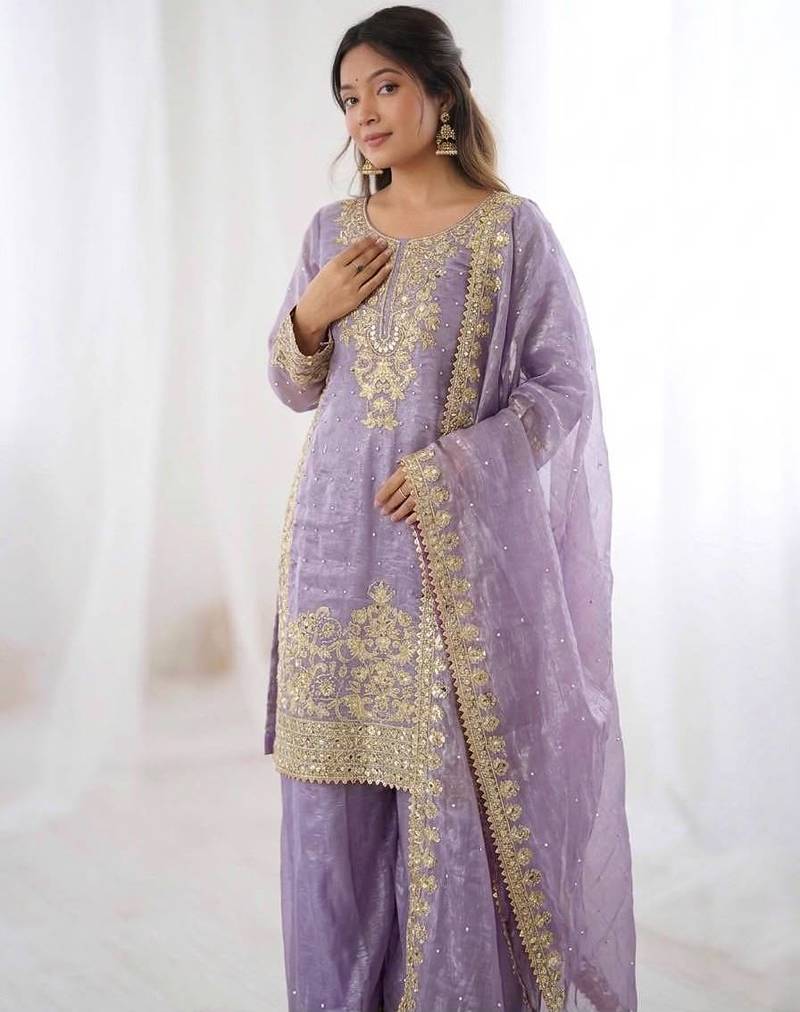 New stylish designer lavender organza sharara set with heavy zari embroidery