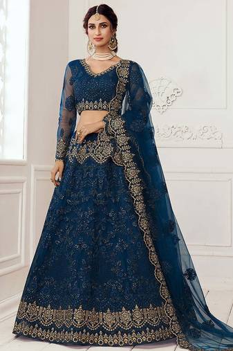 Persian Blue Bridal Lehenga with Zari Embroidery and Heavy Work