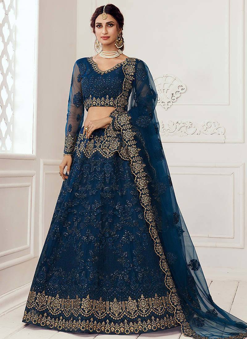 Persian Blue Bridal Lehenga with Zari Embroidery and Heavy Work