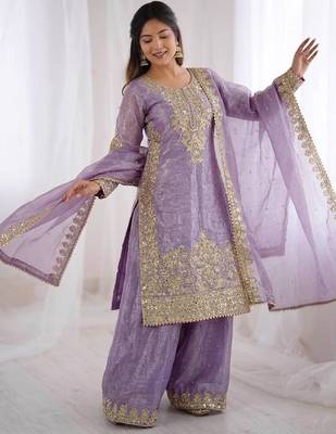New stylish  lavender organza sharara set with heavy zari embroidery 2